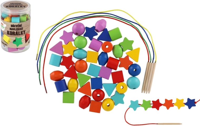 Perles d’enfilage en bois colorées avec cordons dans une boîte (42 pcs)