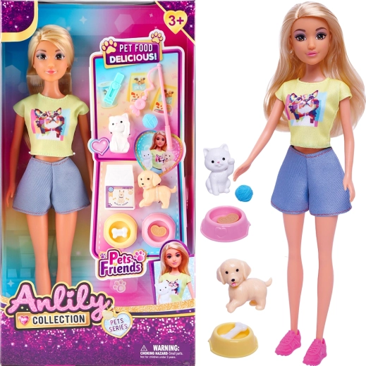 Poupée avec chat, chien et bols pour la nourriture