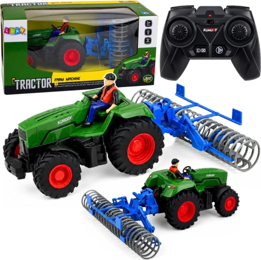 Tracteur RC vert avec rouleau agricole et figurine de fermier 1:24