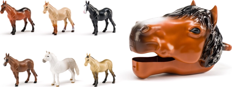 Tête de cheval avec figurines – boîte de rangement et set de 6 chevaux