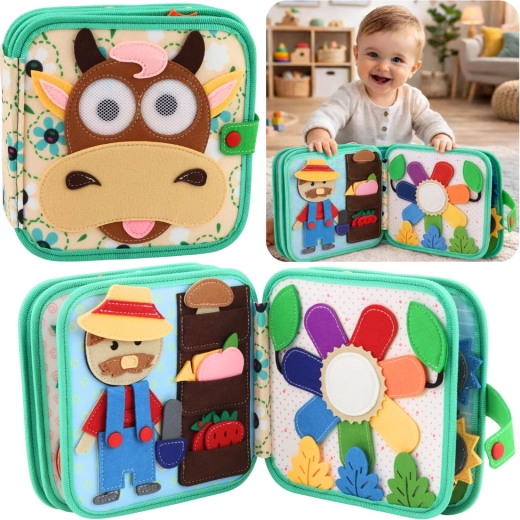 Livre sensoriel en feutrine – animaux de la ferme avec motif vache