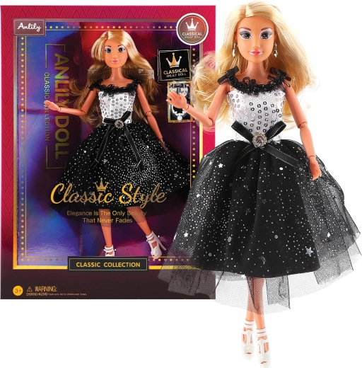 Poupée mannequin de mode en robe de soirée noire et blanche