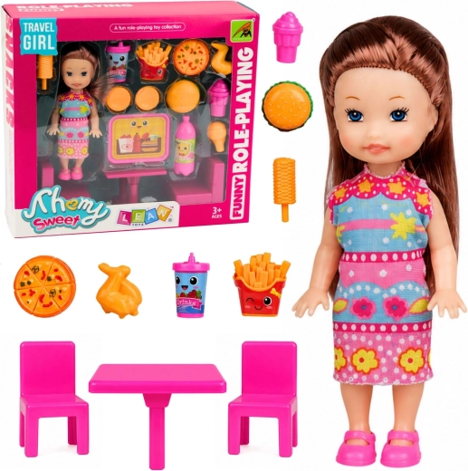 Mini poupée avec set de fast-food, table et 2 chaises (11 cm)