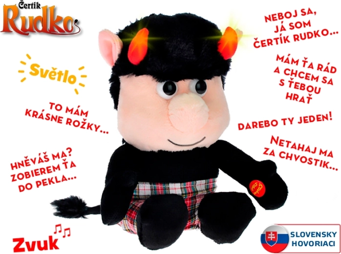 Petit diable en peluche interactif Rudko 20 cm avec cornes lumineuses et phrases slovaques