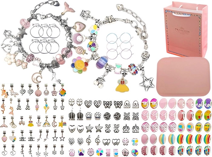 Kit créatif pour fabriquer des bijoux et des bracelets avec breloques et perles (mélange rose arc-en-ciel) avec étui