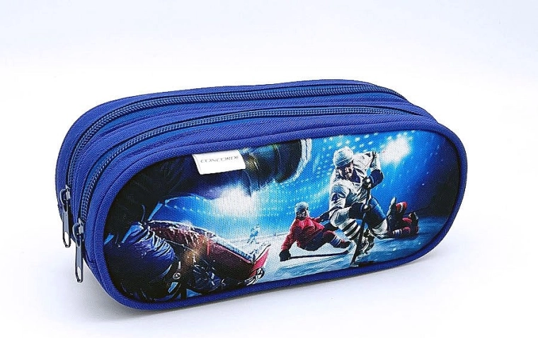 Trousse avec motif de hockey sur glace, double fermeture éclair, bleue