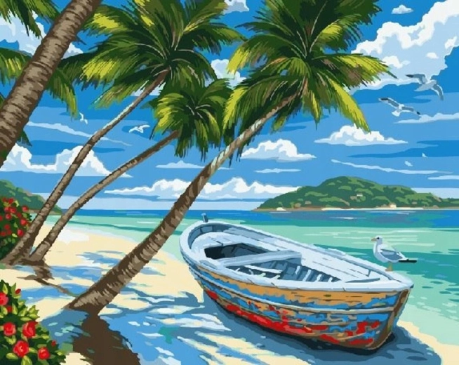 Peinture diamant – plage avec palmiers et bateau 30 × 40 cm
