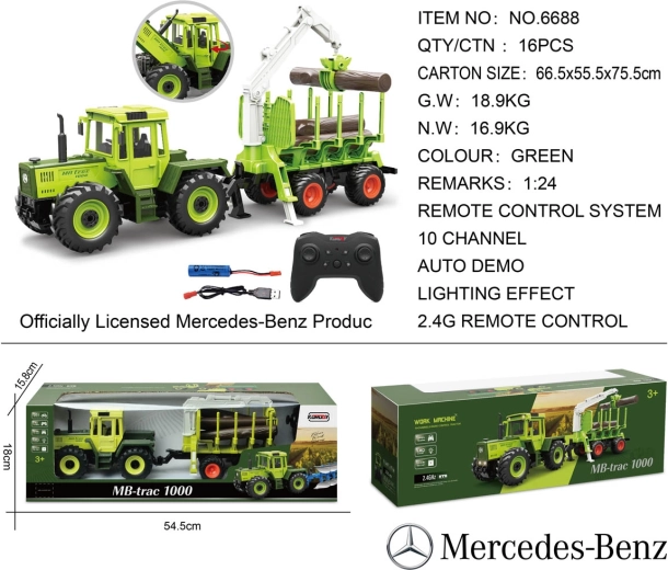 Tracteur RC Mercedes-Benz vert avec remorque à bois et grue 1:24