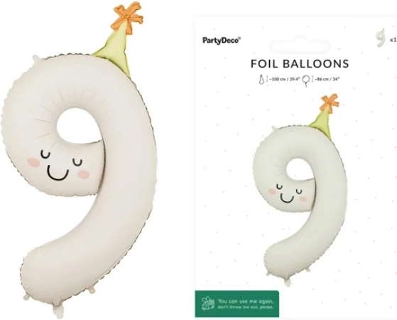 Ballon en aluminium chiffre 9 crème avec visage
