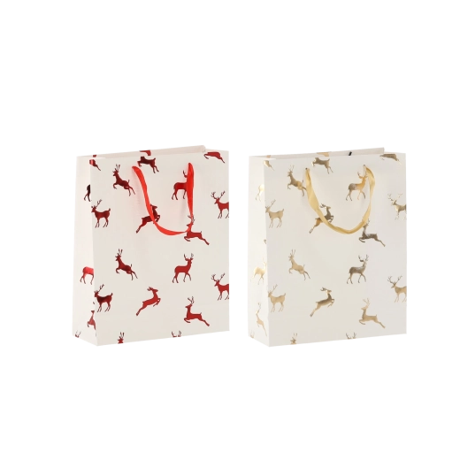 Sac cadeau de Noël avec rennes, crème, 18 × 24 × 8 cm