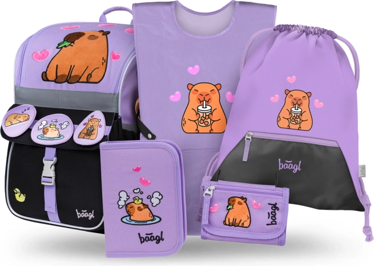 baagl ensemble scolaire zippy capybara – cartable, trousse, sac, tablier et porte-monnaie