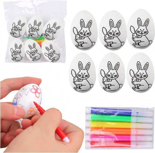 Oeufs de Pâques en polystyrène à peindre avec motif lapin, set de 6 pcs avec feutres