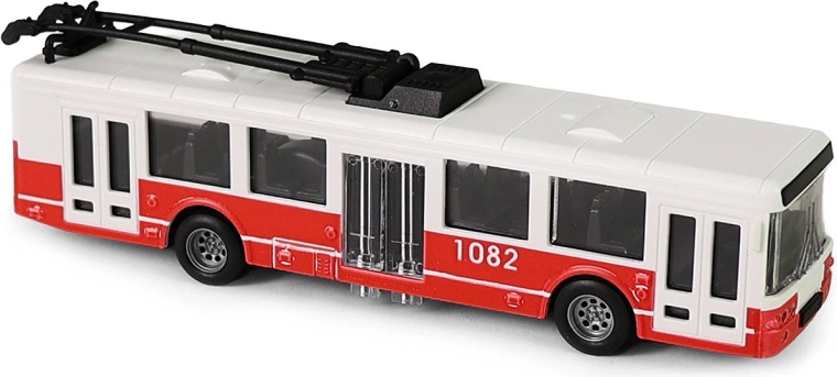 Trolleybus rouge à mouvement à inertie avec portes ouvrantes
