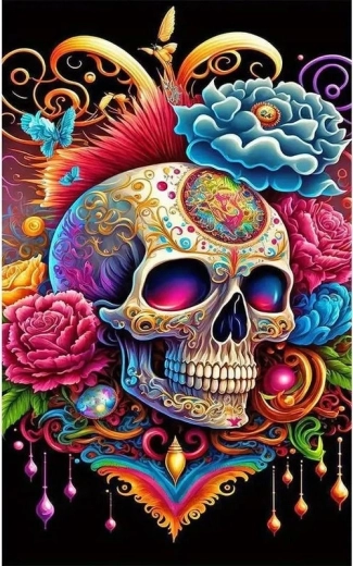 Peinture diamant Crâne avec fleurs Halloween 30 × 40 cm