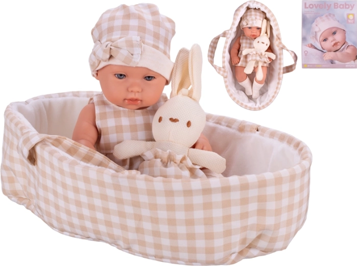 Poupée 33 cm avec corps rigide, porte-bébé et petit lapin en peluche