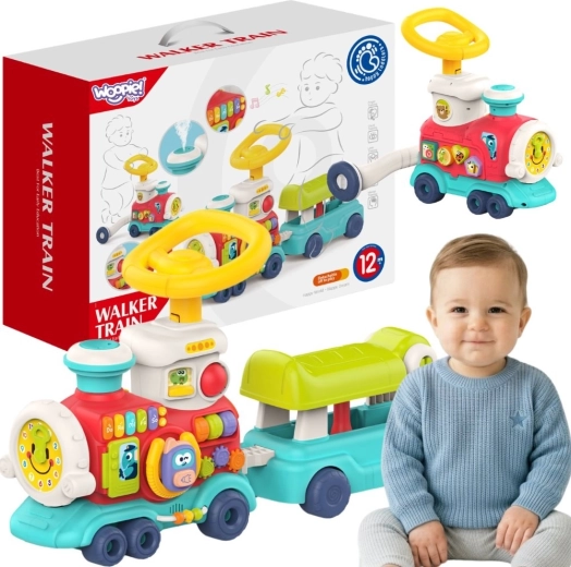 Locomotive interactive Woopie Baby 2en1 : trotteur à pousser et porteur avec vapeur