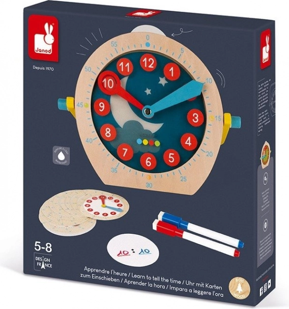 Janod horloge pédagogique en bois avec cartes effaçables