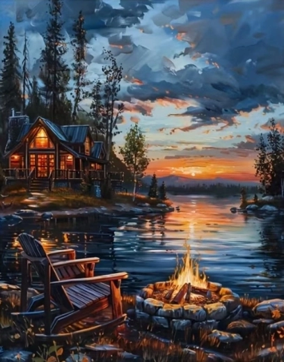 Norimpex peinture diamant Feu de camp au bord du lac 30 × 40 cm