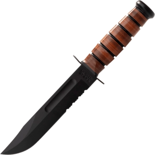 Couteau tactique KA-BAR USMC à lame partiellement crantée, poignée en cuir et étui
