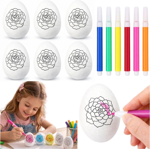 Œufs de Pâques en mousse à peindre avec motif fleur, lot de 6 avec feutres