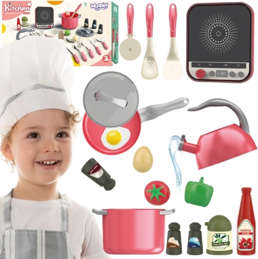 Ensemble de cuisine pour enfants Woopie avec plaque à induction rose, 30 pièces