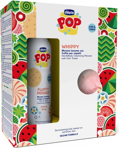 Chicco POP mousse vanille pour le corps et les cheveux 2-en-1 avec serviette pour cheveux 200 ml