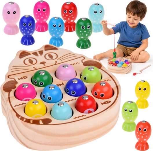 Jeu magnétique en bois de pêche aux poissons avec chat (13 pièces)