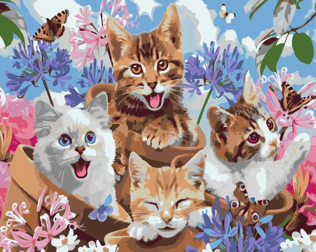Norimpex Peinture par numéros – chatons heureux dans des pots de fleurs 40 × 50 cm