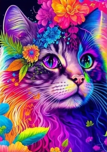 Peinture diamant chat coloré avec fleurs 30 × 40 cm