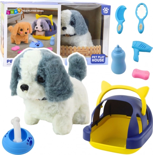 Chien en peluche interactif avec sons et marche, avec transporteur et accessoires, gris et blanc