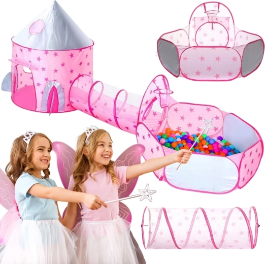 Woopie ensemble de jeu pour enfants 3-en-1 palais rose pour princesses avec tente, tunnel et piscine à balles sèche