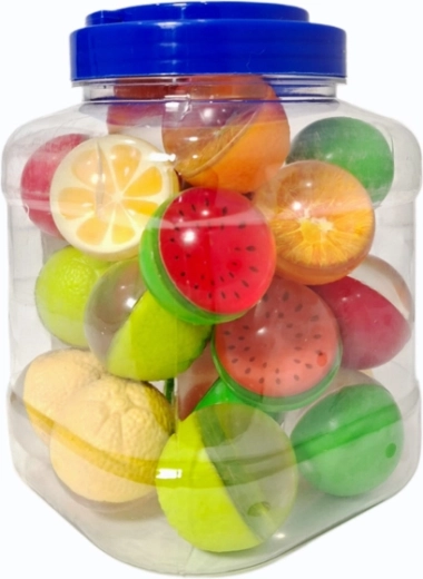 Balles en caoutchouc avec motifs de fruits 4 cm, 25 pièces en bocal