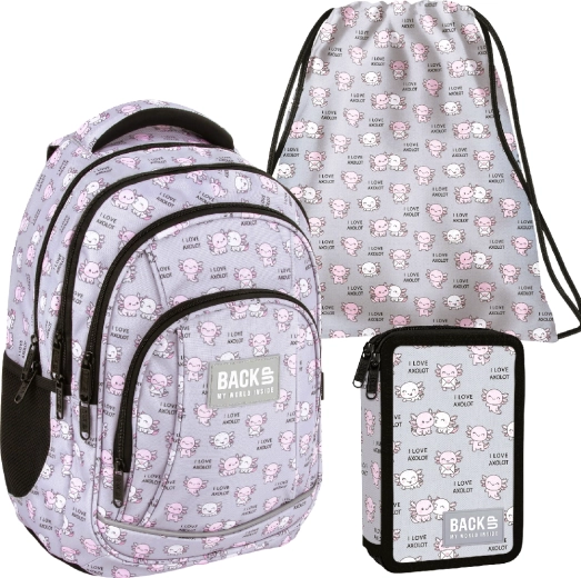 Set scolaire BackUP Axolot Love 3-en-1 – sac à dos, trousse équipée et sac