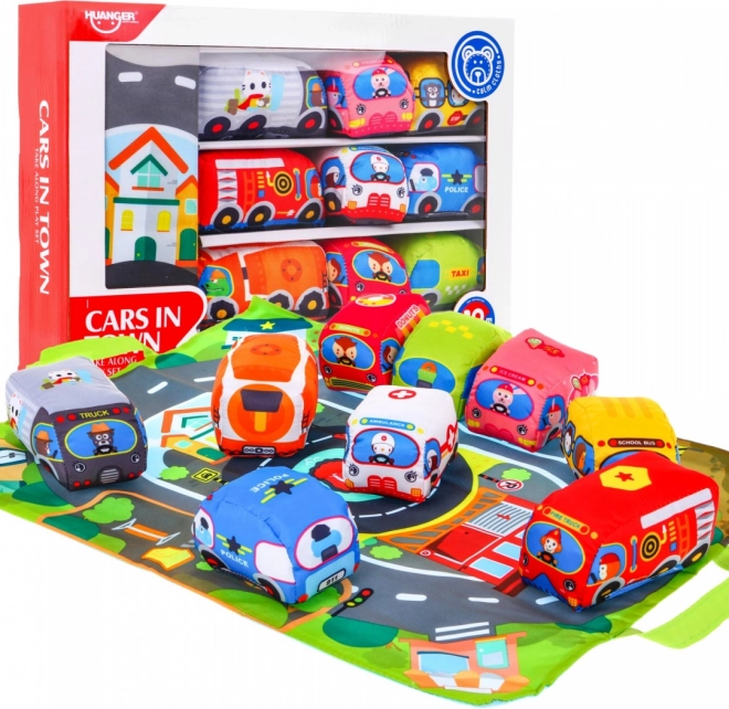 Ensemble de petites voitures souples avec tapis de jeu