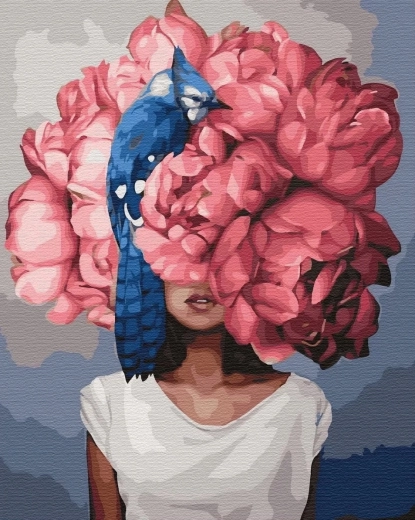 Peinture diamant – femme à tête florale et oiseau bleu 30 × 40 cm