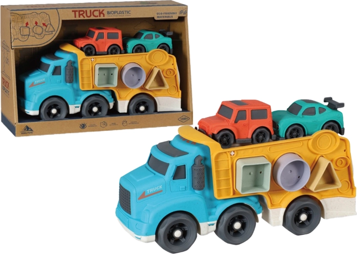 Camion de transport en bioplastique avec petites voitures et jeu d’encastrement – 29 cm