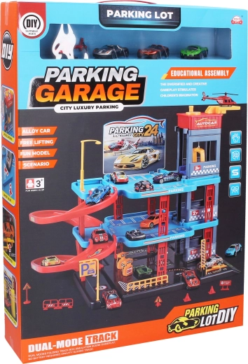 Garage à étages avec ascenseur, 3 voitures en métal et un hélicoptère