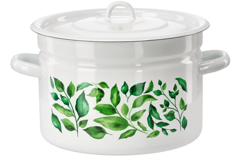 Marmite émaillée 9 l, 26 cm, blanche avec motif ficus, avec couvercle