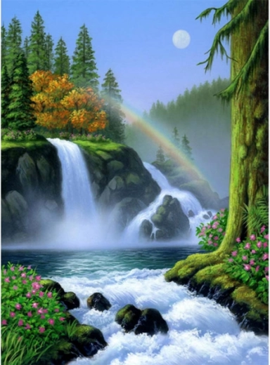Mosaïque diamant (diamond painting) cascade avec arc-en-ciel 30 × 40 cm - 1 pièce