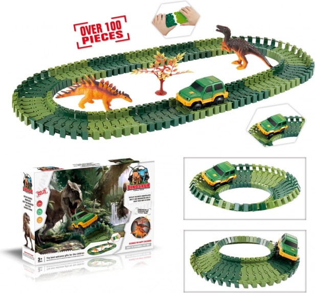 Circuit modulable avec dinosaures – 100 pièces avec petite voiture lumineuse
