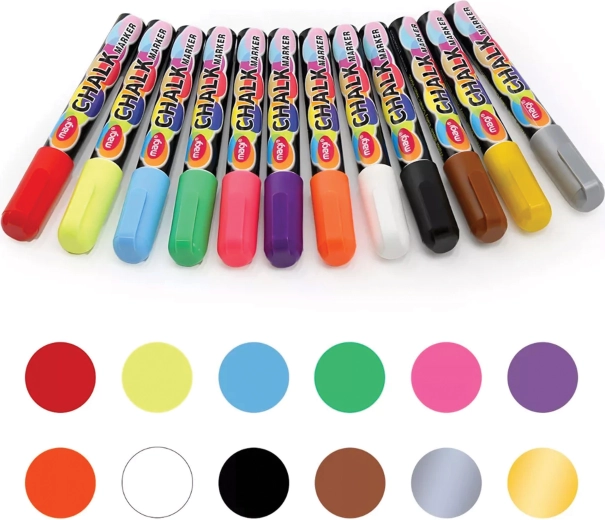 Set de marqueurs craie liquides pour tableau et verre, 12 couleurs, 6 mm