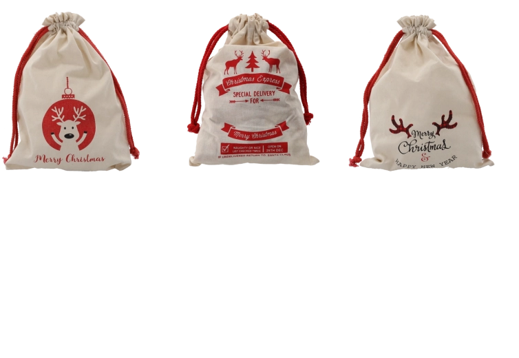 Sac cadeau de Noël en coton 28 × 40 cm, naturel, motifs assortis (lot de 15)