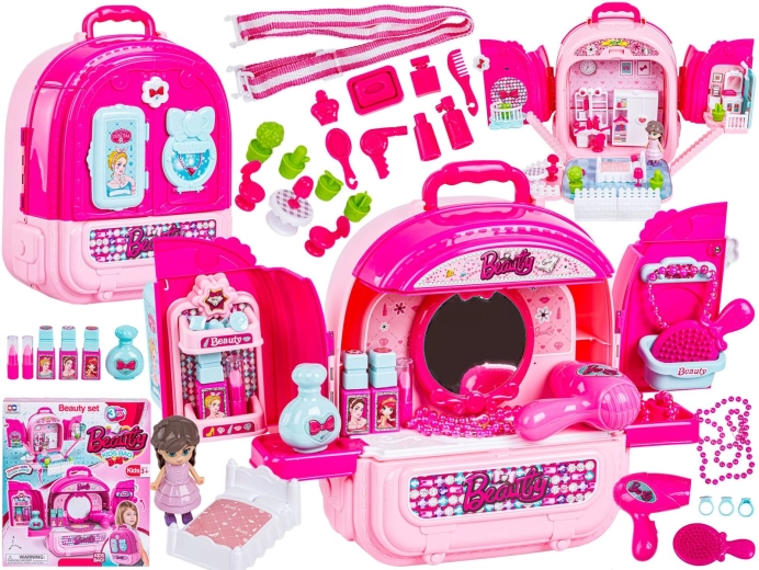 Maison de poupées pour enfants et coiffeuse dans une valisette 3-en-1 sac à dos avec accessoires - 1 pièce
