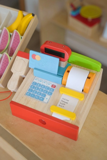 Caisse enregistreuse en bois pour enfants pour jouer au magasin avec scanner