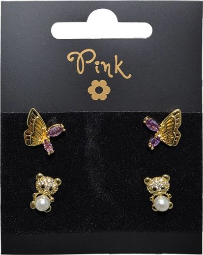 Set de boucles d’oreilles dorées 4 pcs ourson et papillon