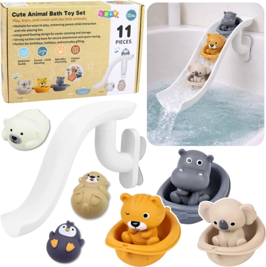 Set de jouets de bain avec animaux dans des petits bateaux et toboggan aquatique, 11 pièces
