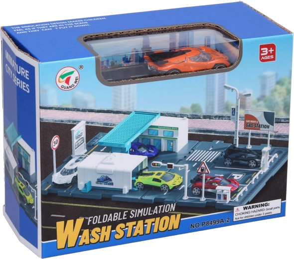Parking avec station-service et voiture en métal