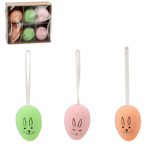 Set d’œufs de Pâques suspendus avec lapin, couleurs pastel, 6 pièces