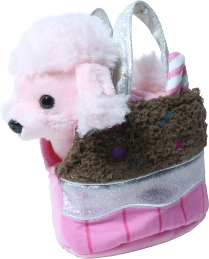 Caniche rose en peluche dans un sac à main couleur chocolat