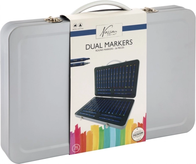 Set de feutres double pointe, 36 pièces, dans une mallette métallique